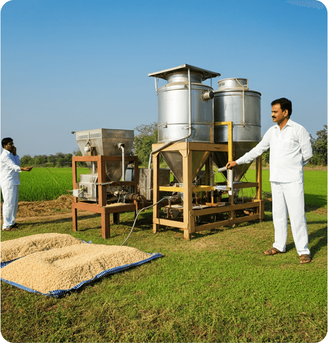 Farmer working in a rice field with equipment